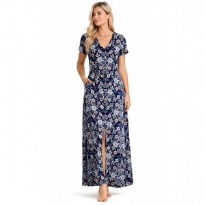 J.Jill Floral Button Front Maxi Dress Navy Blue V Neck | Size XS | Rayon Stretch